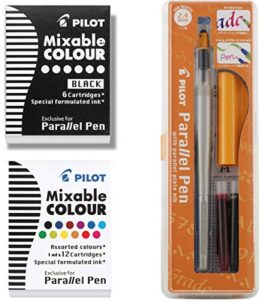 pilot parallel pen 2-color calligraphy pen set with black and assorted colors ink refills, 2.4 mm nib (90051)
