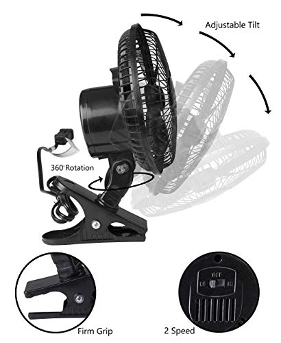 Comfort Zone 6 INCH - 2 Speed - Adjustable Tilt, Whisper Quiet Operation Clip-On-Fan with 5.5 Foot Cord and Steel Safety Grill, Black