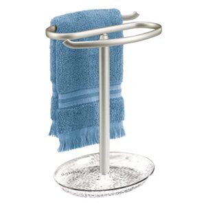 mdesign steel fingertip towel rack stand with base tray - towel holder, towel bar for bathroom, kitchen, powder room - holds hand towel, washcloths - rain collection - clear/satin