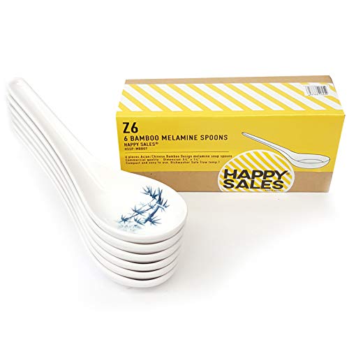 Happy Sales Melamine Soba, Rice Spoons, Asian Chinese Won Ton Soup Spoon, 6 Pack Blue Bamboo Design