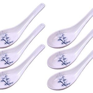 Happy Sales Melamine Soba, Rice Spoons, Asian Chinese Won Ton Soup Spoon, 6 Pack Blue Bamboo Design