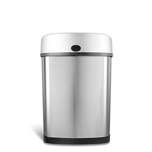 NINESTARS DZT-42-9 Automatic Touchless Infrared Motion Sensor Trash Can, 11 Gal 42L, Stainless Steel Base (Oval, Silver/Black Lid)