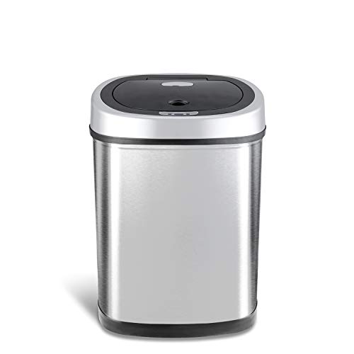 NINESTARS DZT-42-9 Automatic Touchless Infrared Motion Sensor Trash Can, 11 Gal 42L, Stainless Steel Base (Oval, Silver/Black Lid)