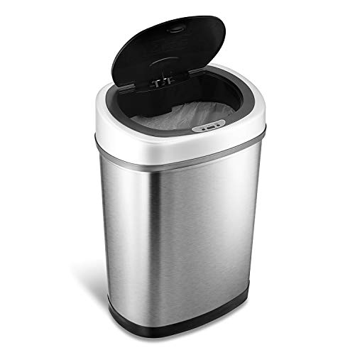 NINESTARS DZT-42-9 Automatic Touchless Infrared Motion Sensor Trash Can, 11 Gal 42L, Stainless Steel Base (Oval, Silver/Black Lid)