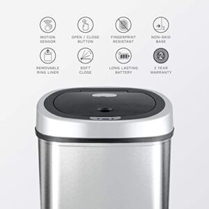 NINESTARS DZT-42-9 Automatic Touchless Infrared Motion Sensor Trash Can, 11 Gal 42L, Stainless Steel Base (Oval, Silver/Black Lid)