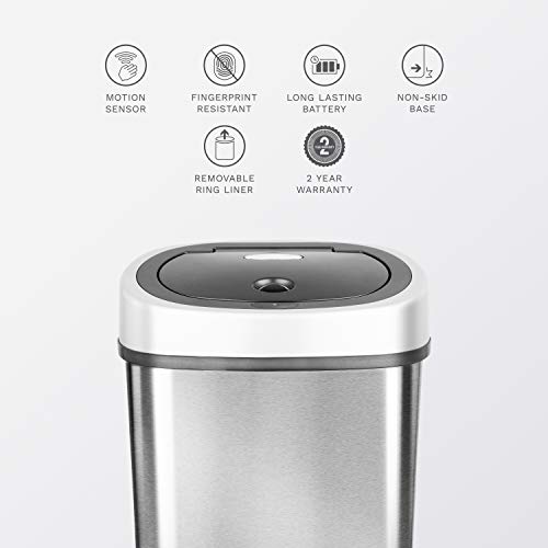 NINESTARS DZT-12-9 Automatic Touchless Infrared Motion Sensor Trash Can, 3 Gal. 12 L., Stainless Steel (Oval, Silver/Black Lid)