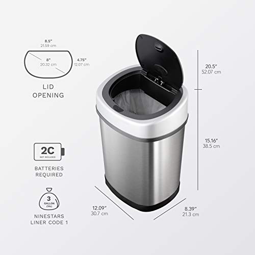 NINESTARS DZT-12-9 Automatic Touchless Infrared Motion Sensor Trash Can, 3 Gal. 12 L., Stainless Steel (Oval, Silver/Black Lid)