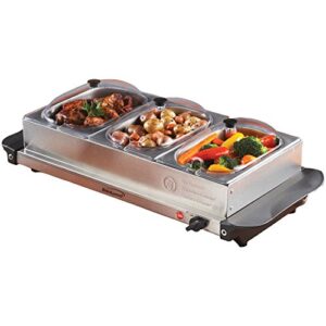 brentwood buffet server and warming tray 3 pan, 4.5 quart, brushed stainless steel