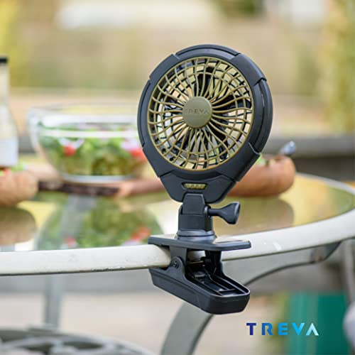 Treva 5 Inch Battery Powered Clip Slim and Portable Cooling Fan with Clamp for Travel, Outdoor,Camping, Car, Office Desk, Baby Stroller - Multi-Directional Rotating and Adjustable Head, Khaki (FC05005)