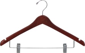 the great american hanger company wood curved combo hanger w/adjustable cushion clips, box of 100 17 inch wooden hangers w/walnut finish & chrome swivel hook & notches for shirt jacket or dress