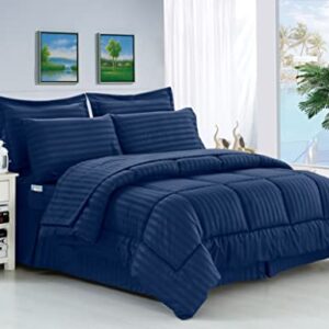 Elegant Comfort® Wrinkle Resistant - Silky Soft Dobby Stripe Bed-in-a-Bag 8-Piece Comforter Set -HypoAllergenic - King Navy Blue