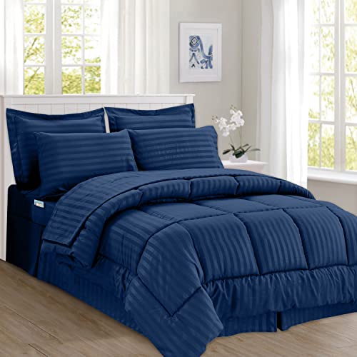 Elegant Comfort® Wrinkle Resistant - Silky Soft Dobby Stripe Bed-in-a-Bag 8-Piece Comforter Set -HypoAllergenic - King Navy Blue