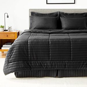 Elegance Linen Wrinkle Resistant - Luxury Silky Soft Dobby Stripe Bed-in-a-Bag 8-Piece Comforter Set - Full/Queen, Black