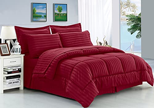 Elegance Linen Wrinkle Resistant - Luxury Silky Soft Dobby Stripe Bed-in-a-Bag 8-Piece Comforter Set - King Burgundy