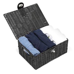 ARPAN Small Resin Woven Storage Basket Box with Lid & Lock-Black