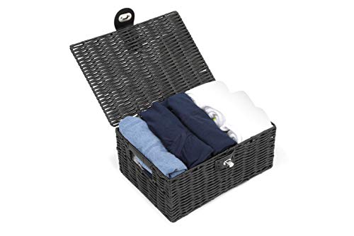 ARPAN Small Resin Woven Storage Basket Box with Lid & Lock-Black