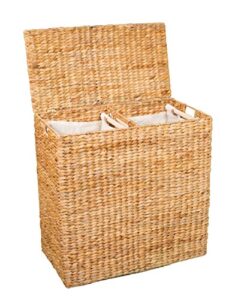 birdrock home water hyacinth laundry hamper divided interior (natural) - eco friendly - made of hand woven hyacinth fibers - includes two removable cotton liners bag - wicker laundry basket with lid