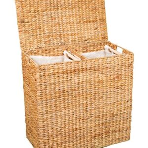 BirdRock Home Water Hyacinth Laundry Hamper Divided Interior (Natural) - Eco Friendly - Made of Hand Woven Hyacinth Fibers - Includes Two Removable Cotton Liners Bag - Wicker Laundry Basket with Lid