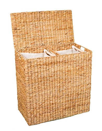 BirdRock Home Water Hyacinth Laundry Hamper Divided Interior (Natural) - Eco Friendly - Made of Hand Woven Hyacinth Fibers - Includes Two Removable Cotton Liners Bag - Wicker Laundry Basket with Lid