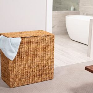 BirdRock Home Water Hyacinth Laundry Hamper Divided Interior (Natural) - Eco Friendly - Made of Hand Woven Hyacinth Fibers - Includes Two Removable Cotton Liners Bag - Wicker Laundry Basket with Lid