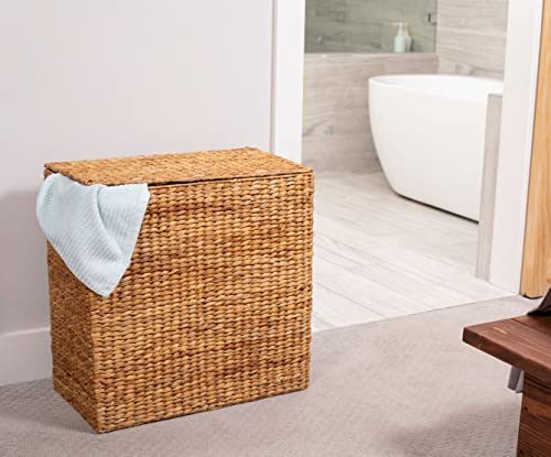 BirdRock Home Water Hyacinth Laundry Hamper Divided Interior (Natural) - Eco Friendly - Made of Hand Woven Hyacinth Fibers - Includes Two Removable Cotton Liners Bag - Wicker Laundry Basket with Lid