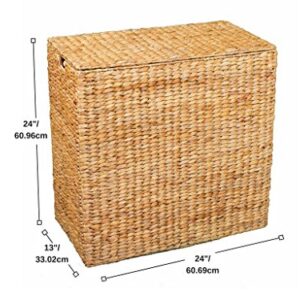 BirdRock Home Water Hyacinth Laundry Hamper Divided Interior (Natural) - Eco Friendly - Made of Hand Woven Hyacinth Fibers - Includes Two Removable Cotton Liners Bag - Wicker Laundry Basket with Lid