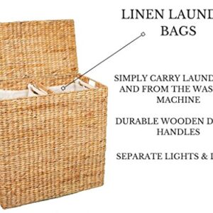 BirdRock Home Water Hyacinth Laundry Hamper Divided Interior (Natural) - Eco Friendly - Made of Hand Woven Hyacinth Fibers - Includes Two Removable Cotton Liners Bag - Wicker Laundry Basket with Lid