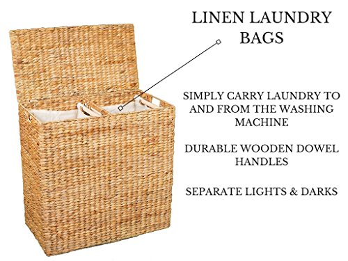 BirdRock Home Water Hyacinth Laundry Hamper Divided Interior (Natural) - Eco Friendly - Made of Hand Woven Hyacinth Fibers - Includes Two Removable Cotton Liners Bag - Wicker Laundry Basket with Lid