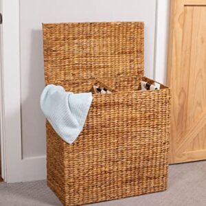 BirdRock Home Water Hyacinth Laundry Hamper Divided Interior (Natural) - Eco Friendly - Made of Hand Woven Hyacinth Fibers - Includes Two Removable Cotton Liners Bag - Wicker Laundry Basket with Lid