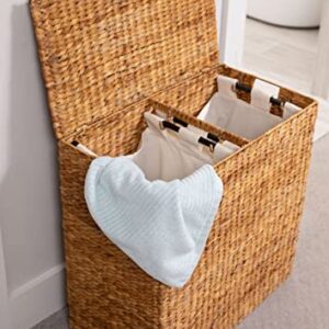 BirdRock Home Water Hyacinth Laundry Hamper Divided Interior (Natural) - Eco Friendly - Made of Hand Woven Hyacinth Fibers - Includes Two Removable Cotton Liners Bag - Wicker Laundry Basket with Lid