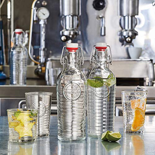 Bormioli Rocco Officina Water Glasses – Set Of 4 Clear Drinking Tumblers With Textured Ring Design & Vintage Stamp Logo – 11oz High Capacity Tall Cups For Soda, Juice, Milk, Coke, Beer, Spirits