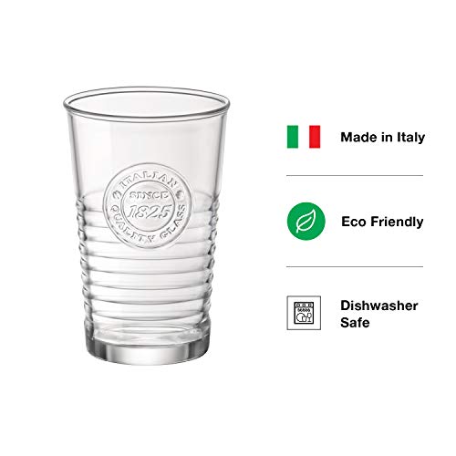 Bormioli Rocco Officina Water Glasses – Set Of 4 Clear Drinking Tumblers With Textured Ring Design & Vintage Stamp Logo – 11oz High Capacity Tall Cups For Soda, Juice, Milk, Coke, Beer, Spirits