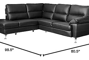 Cortesi Home Boston Leather Sectional Sofa with Left Chaise Lounge, Black