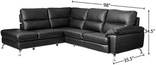 Cortesi Home Boston Leather Sectional Sofa with Left Chaise Lounge, Black