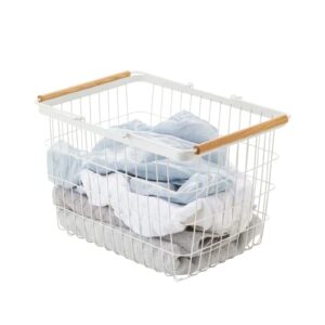 yamazaki home 2809 laundry basket with wooden handles, medium, white