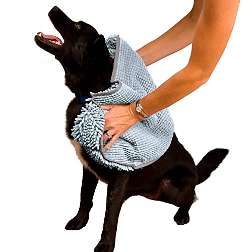 Soggy Doggy Super Shammy Dog Towel, Washable Microfiber Dog Towels for Drying Dogs and Cleaning Paws, Fast-Drying Dog Bath Towel with Hand Pockets, Gray/Gray Trim, 31 x 14 Inches