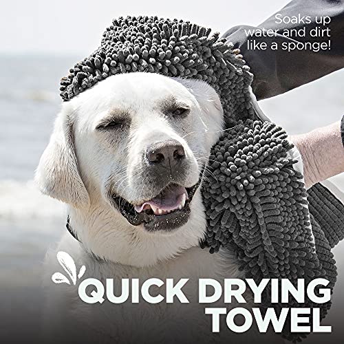 Soggy Doggy Super Shammy Dog Towel, Washable Microfiber Dog Towels for Drying Dogs and Cleaning Paws, Fast-Drying Dog Bath Towel with Hand Pockets, Gray/Gray Trim, 31 x 14 Inches