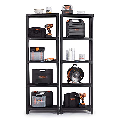 VonHaus 5 Tier Garage Shelving Unit (Pack of 2) - Black Plastic Interlocking Utility Storage Shelves - Each Unit: 68 x 24 x 12 inches