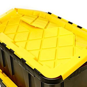 HOMZ Durabilt 15 Gallon Capacity Flip Lid Stackable Heavy Duty Tough Storage Container Tote, Black Base with Yellow Lid (6 Pack)