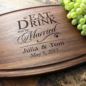 straga personalized cutting boards | handmade wood engraved charcuterie | custom wedding, anniversary, housewarming gift for married couples (eat, drink and be married design no.012)