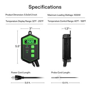 VIVOSUN Digital Heat Mat Thermostat Temperature Controller, 40–108 ºF 1000W for Reptiles, Seedlings, Germination, Incubation and Fermentation