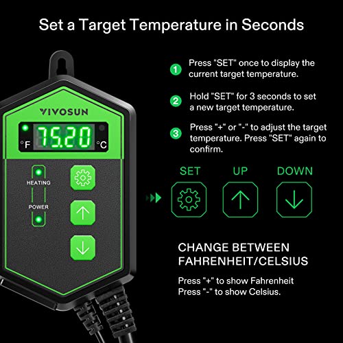 VIVOSUN Digital Heat Mat Thermostat Temperature Controller, 40–108 ºF 1000W for Reptiles, Seedlings, Germination, Incubation and Fermentation