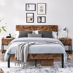 yaheetech metal platform bed frame full with wood headboard and iron slats, rustic country bed base with mattress foundation/strong slats support/12 inch underbed storage/no box spring needed, brown