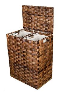 birdrock home abaca divided flat weave laundry hamper with bags - hand woven clothes basket - sorter hampers - espresso
