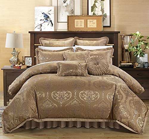 Chic Home 9 Piece Como Decorator Upholstery Quality Jacquard Motif Fabric Bedroom Comforter Set & Pillows Ensemble, King, Gold