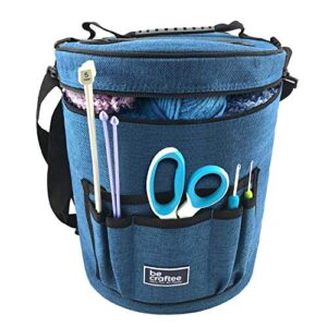 becraftee xl crochet bag - large craft organizer to store crocheting & knitting supplies - portable yarn storage with 7 pockets for tools, shoulder strap and handle - blue | easy to carry, tangle free