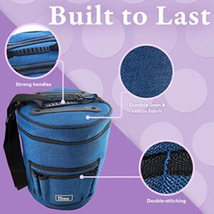 BeCraftee XL Crochet Bag - Large Craft Organizer to Store Crocheting & Knitting Supplies - Portable Yarn Storage with 7 Pockets for Tools, Shoulder Strap and Handle - Blue | Easy to Carry, Tangle Free