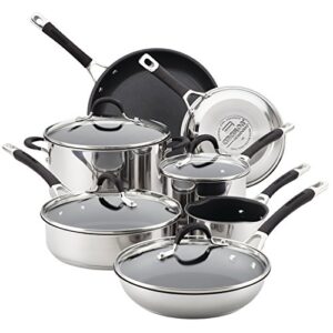 circulon momentum stainless steel nonstick cookware set with glass lids, 11-piece pot and pan set, stainless steel