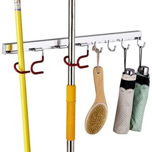 cavoli mop and broom organizer wall mounted, 4 adjustable holder and 3 hooks,storage solutions for broom holders, metal and easy clean