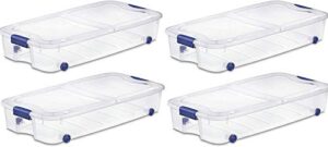 4-pack under bed plastic storage bin unit boxes are containers for clothes, books, diapers, shoes, linen. office supplies, camping, rv, pantry foods 66 quart capacity